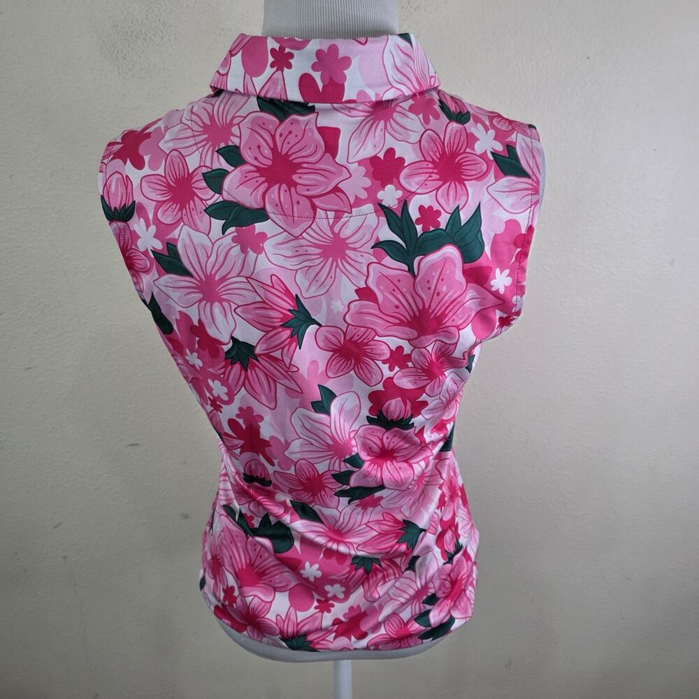 Pins & Aces Augusta Azaleas Sleeveless Polo Golf Shirt Size Small Pink Green - Picture 6 of 8